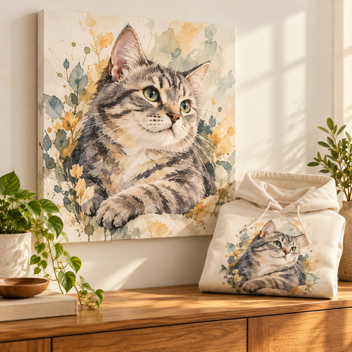 Bundle — framed canvas + hoodie with the same watercolor portrait
