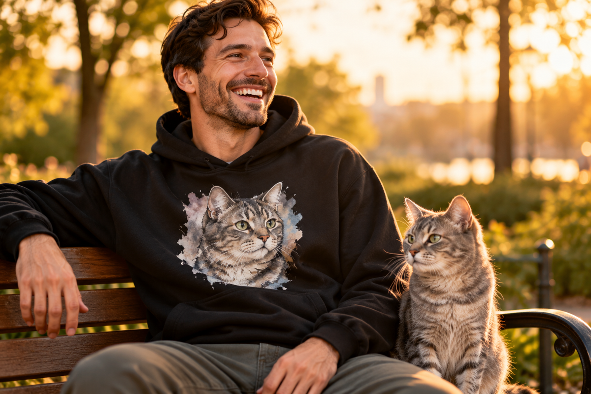 Hoodie with pet portrait, worn outdoors
