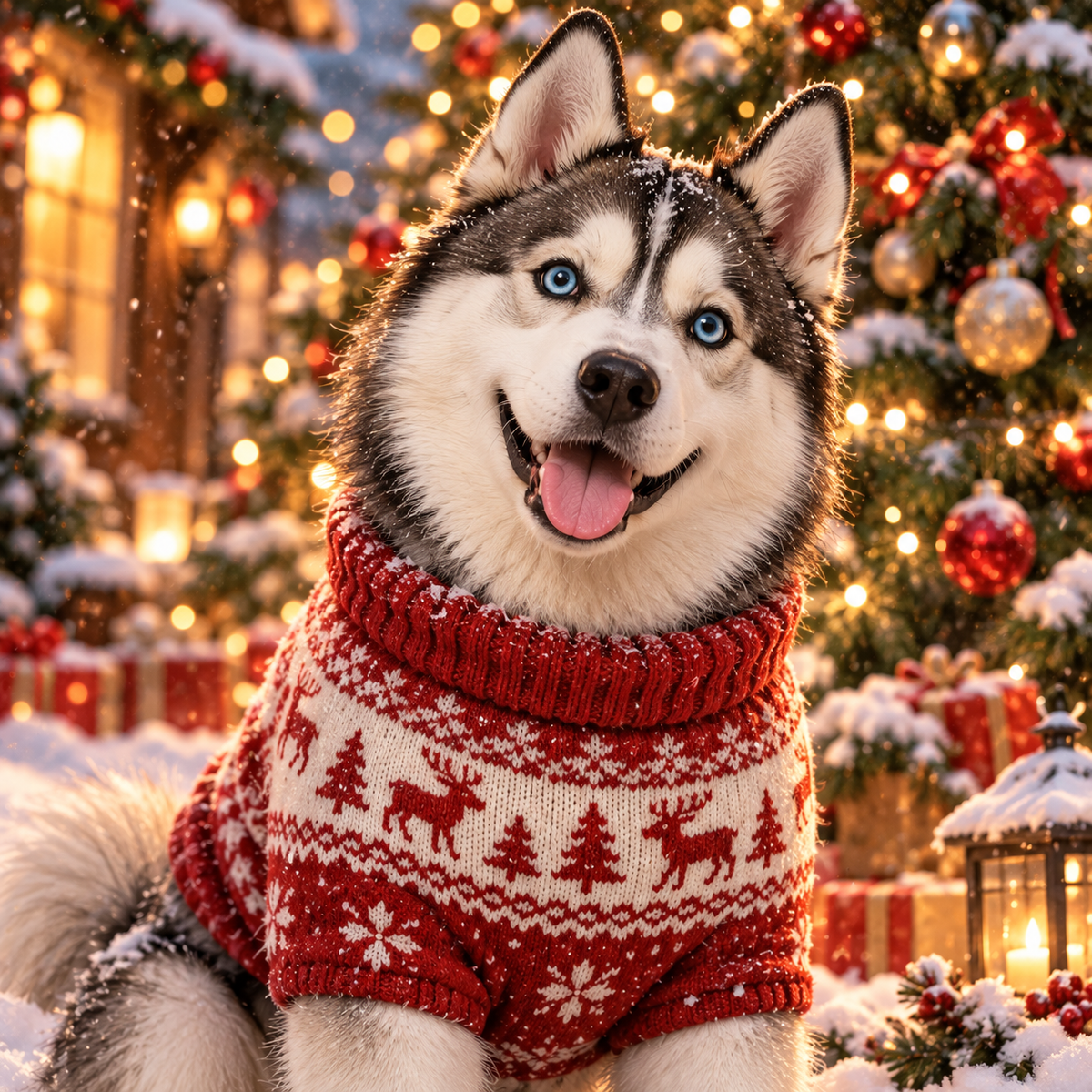 Holiday Portrait sample — husky in a knitted sweater