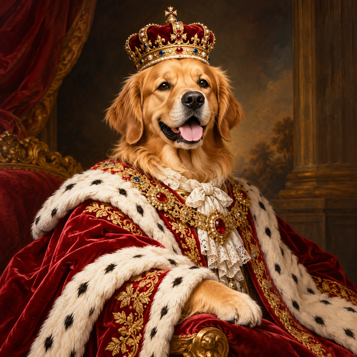 Royal Portrait sample — golden retriever as 18th-century royalty