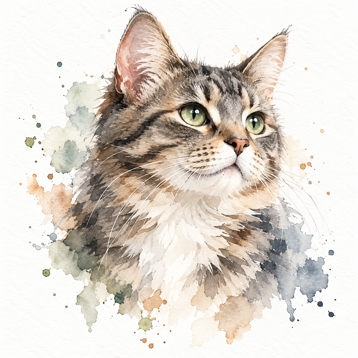 Watercolor Portrait sample — grey tabby cat